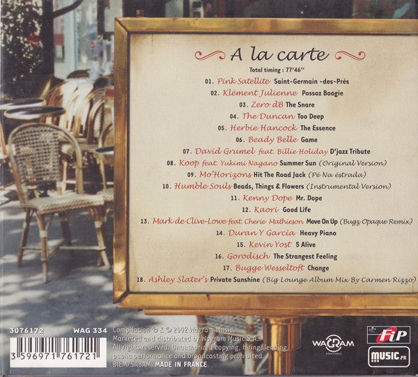 Back cover of a music compilation CD titled 'A la carte' featuring a tracklist, barcode, and publisher logos including WAGRAM and RP music.