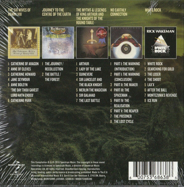 Back cover of a music album with track listings and album art on a green forest background