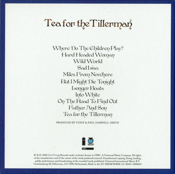 The back cover of the Tea for the Tillerman CD album, featuring a white background with a blue border. The tracklist is printed in black serif text, and the band's name is written at the top in brown.