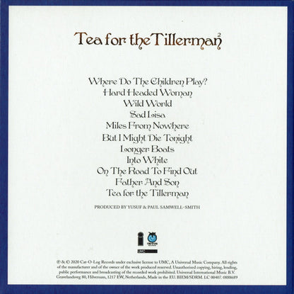 The back cover of the Tea for the Tillerman CD album, featuring a white background with a blue border. The tracklist is printed in black serif text, and the band's name is written at the top in brown.