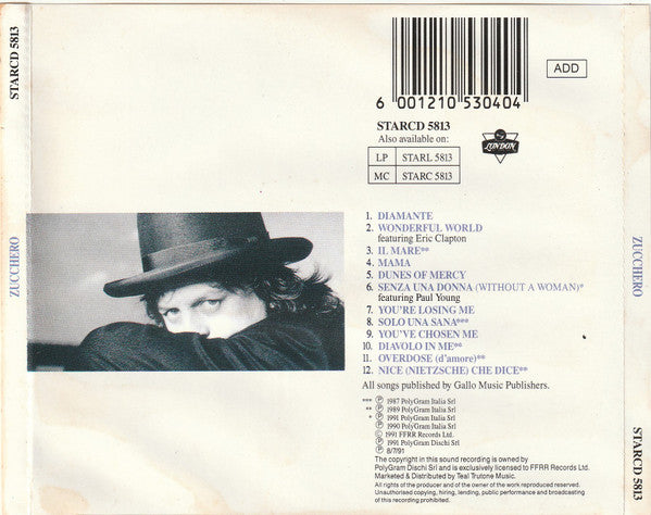 The back cover of a vinyl record sleeve for Starco 5813 by Zuccero, featuring a black-and-white portrait of the artist, tracklist, barcode, and release details on an off-white background.