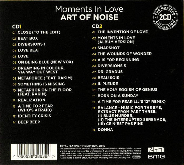 Back cover of the 2CD album 'Moments In Love - Art of Noise' from The Master's Collection, featuring track listings on a black background with white text and a white barcode at the bottom.