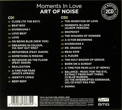 Back cover of the 2CD album 'Moments In Love - Art of Noise' from The Master's Collection, featuring track listings on a black background with white text and a white barcode at the bottom.