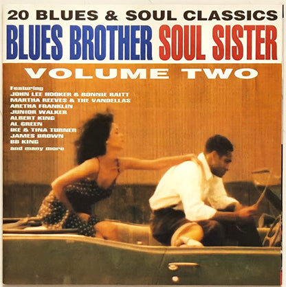Album cover for 'Blues Brother Soul Sister Volume Two' featuring two people in a car, with large blue and red title text at the top and a tracklist on the left side.