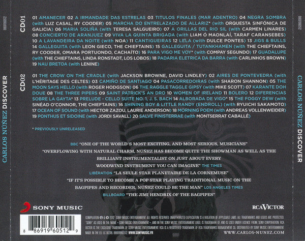 The back cover of a CD album titled 'Carlos Nunez Discover' on Sony Music, featuring a tracklist, biographical text, and barcode.