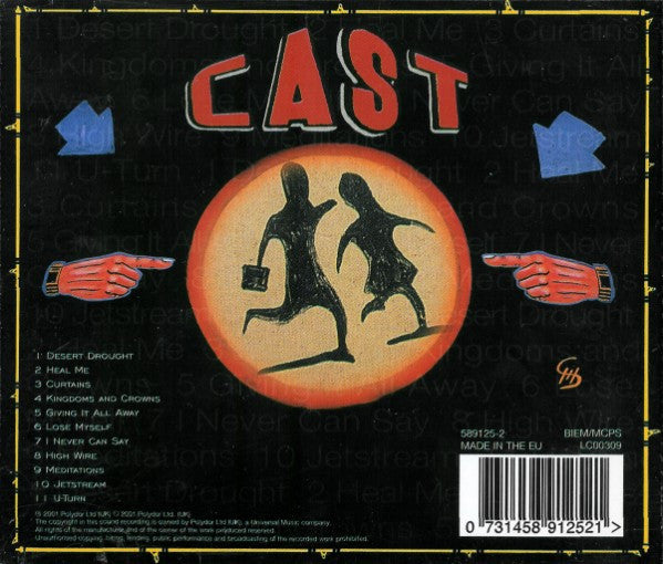 Album cover for Cast CD Beetroot featuring a black background with a large central orange circle containing two running black silhouettes. The word 'CAST' is written in bold red letters at the top, with blue hand graphics pointing inward on both sides.