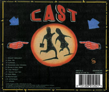 Album cover for Cast CD Beetroot featuring a black background with a large central orange circle containing two running black silhouettes. The word 'CAST' is written in bold red letters at the top, with blue hand graphics pointing inward on both sides.
