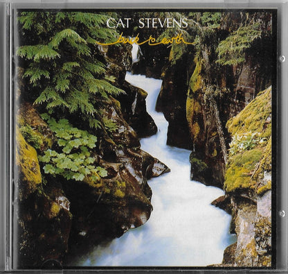 Cat Stevens Back to Earth CD album cover featuring a scenic photograph of a rushing river through a mossy, rocky forest canyon.
