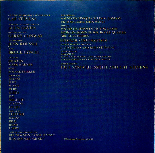 The back cover of the CD Cat Stevens Buddha and the chocolate box , featuring gold text listing album tracks and performers on a dark blue background.