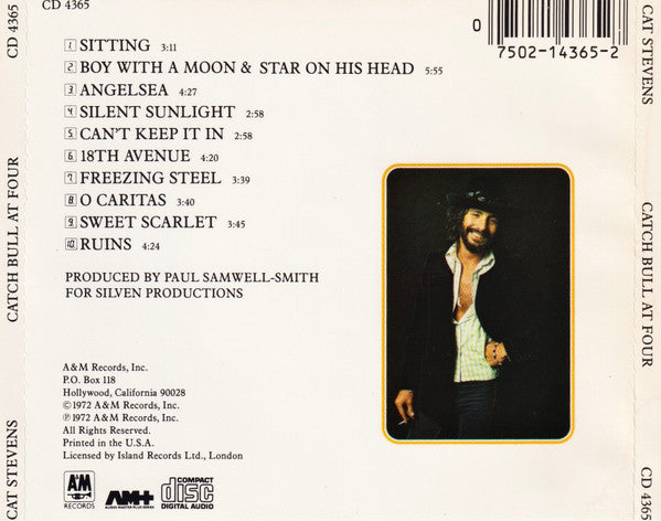 Back cover of a CD album for Cat Stevens' 'Catch Bull at Four', showing tracklist, barcode, production credits, and a small portrait of Cat Stevens on an off-white background.