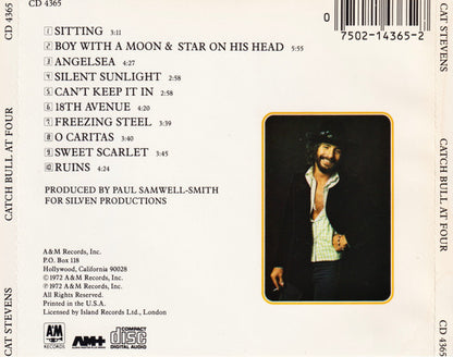 Back cover of a CD album for Cat Stevens' 'Catch Bull at Four', showing tracklist, barcode, production credits, and a small portrait of Cat Stevens on an off-white background.