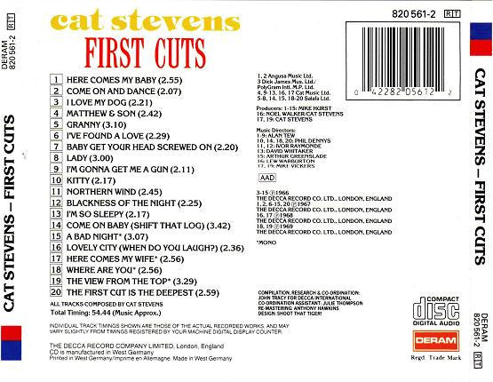 The back cover of a Cat Stevens 'First Cuts' CD, showing track listings, barcode, and release details on a white background.