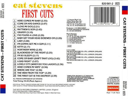 The back cover of a Cat Stevens 'First Cuts' CD, showing track listings, barcode, and release details on a white background.