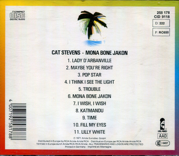 Back cover of a Cat Stevens - Mona Bone Jakon compact disc, showing the track list, barcode, and release details on a white background with a colorful border.