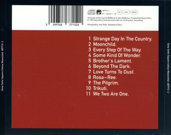 Back cover of a CD album for Celtus 'Moonchild', featuring a solid dark red background with a white top section containing a barcode, tracklist, and Sony branding.