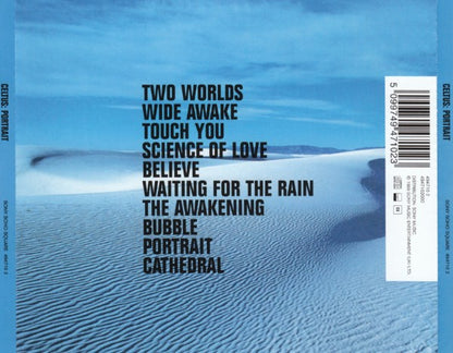 Album cover for Celtus CD Portrait, featuring a blue sky and white sand dunes background with black text listing the track titles and a white barcode label on the right.