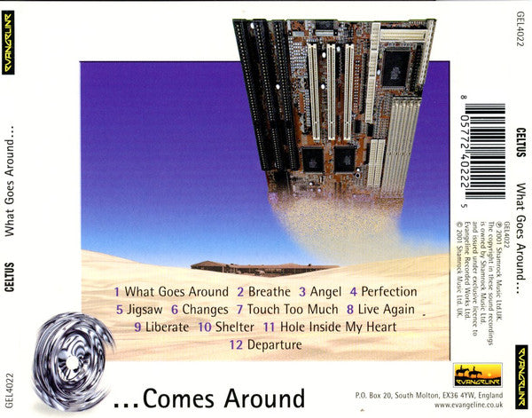 CD cover artwork for the band Celitus featuring a purple sky, a sandy desert, and a large computer motherboard floating above the ground, with the tracklist and barcode printed on the right side.