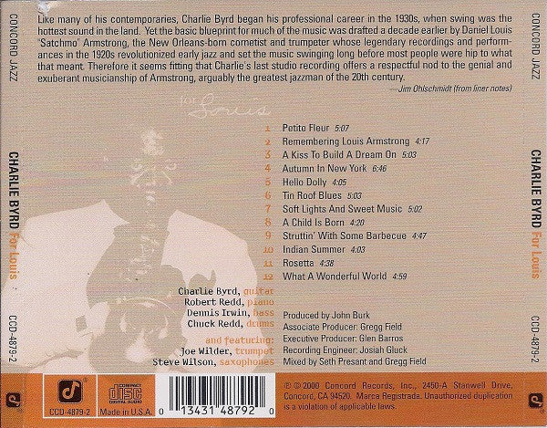 Rear cover of a Charlie Byrd 'For Louis' CD release on Concord Records, showing tracklist, credits, and barcode on a beige background with a faint map graphic.