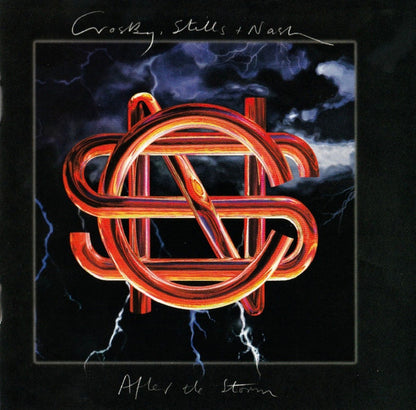 The album cover for Crosby, Stills & Nash's 'After the Storm', featuring a stylized red and orange knot-like symbol resembling a dollar sign with lightning bolts on a dark stormy background.