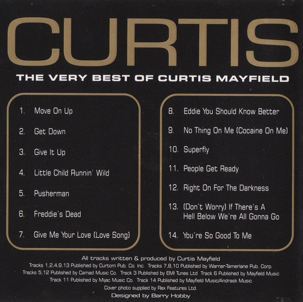 Album cover for 'The Very Best of Curtis Mayfield' with tracklist on a black background