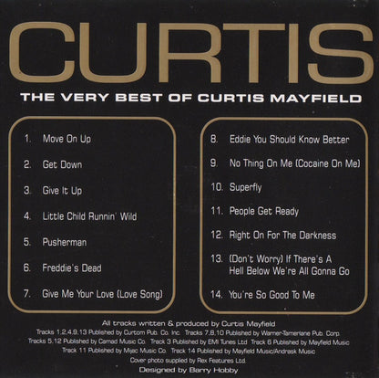 Album cover for 'The Very Best of Curtis Mayfield' with tracklist on a black background