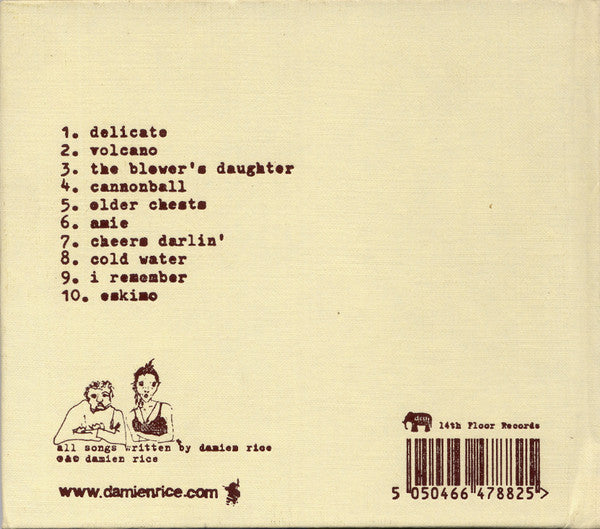 The back cover of a vinyl record for Damien Rice's album 'O', featuring a tracklist, barcode, and small line drawings on a textured cream-colored background.