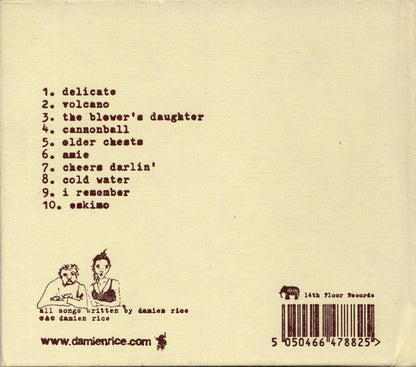 The back cover of a vinyl record for Damien Rice's album 'O', featuring a tracklist, barcode, and small line drawings on a textured cream-colored background.