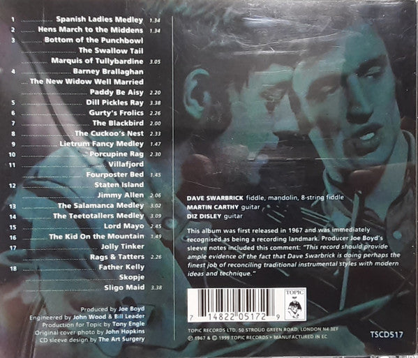 The back cover of a Dave Swarbrick music CD, featuring a dark-toned background with a blurred portrait of the musician, a complete tracklist on the left, and a barcode with catalog number TSCDS17 on the right.