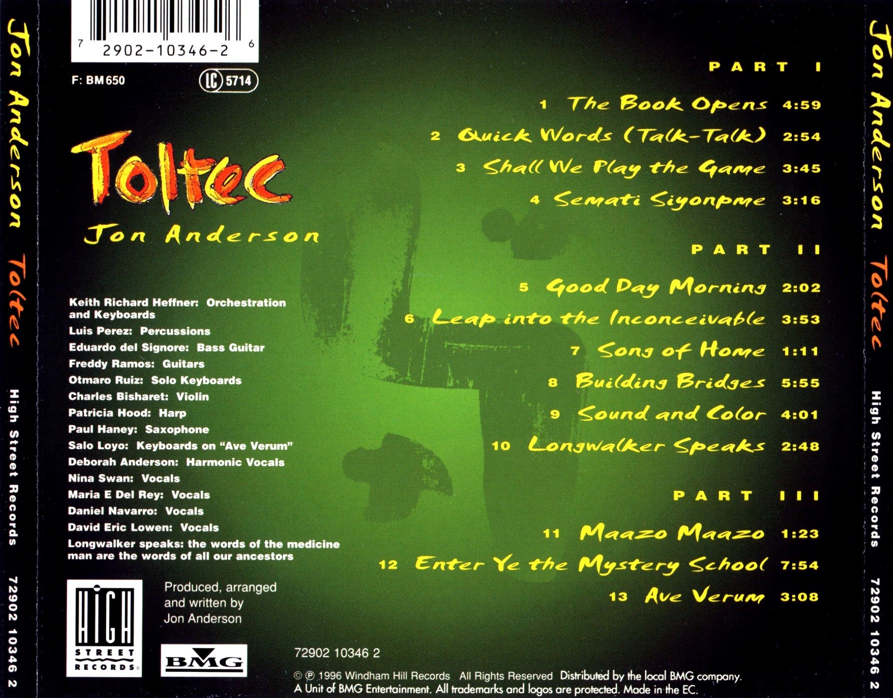 Toltec — Jon Anderson back cover