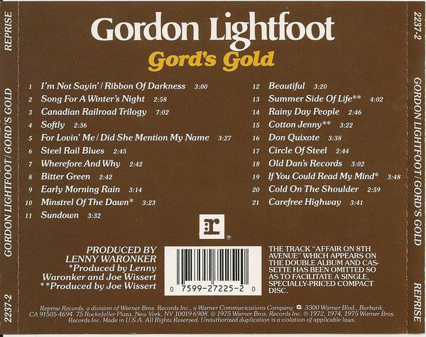 Gord's Gold â€” Gordon Lightfoot back cover