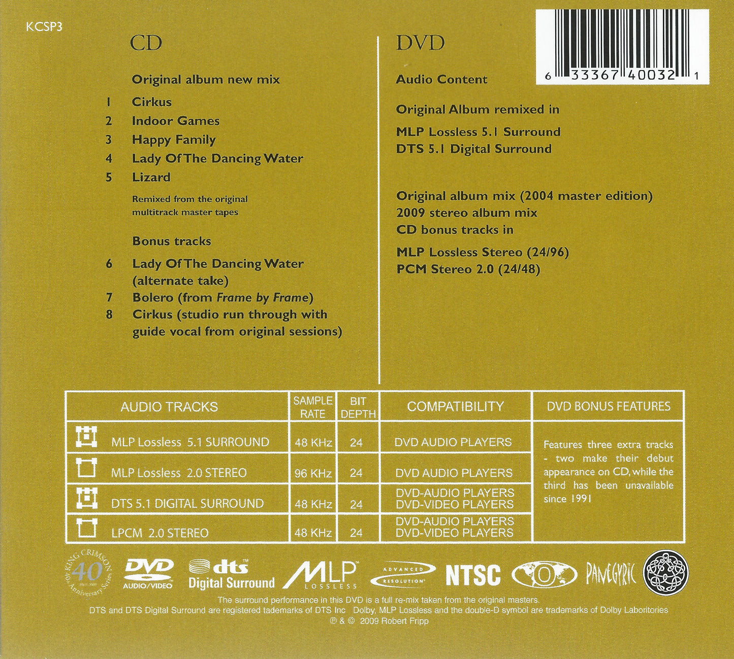 Lizard â€” King Crimson back cover