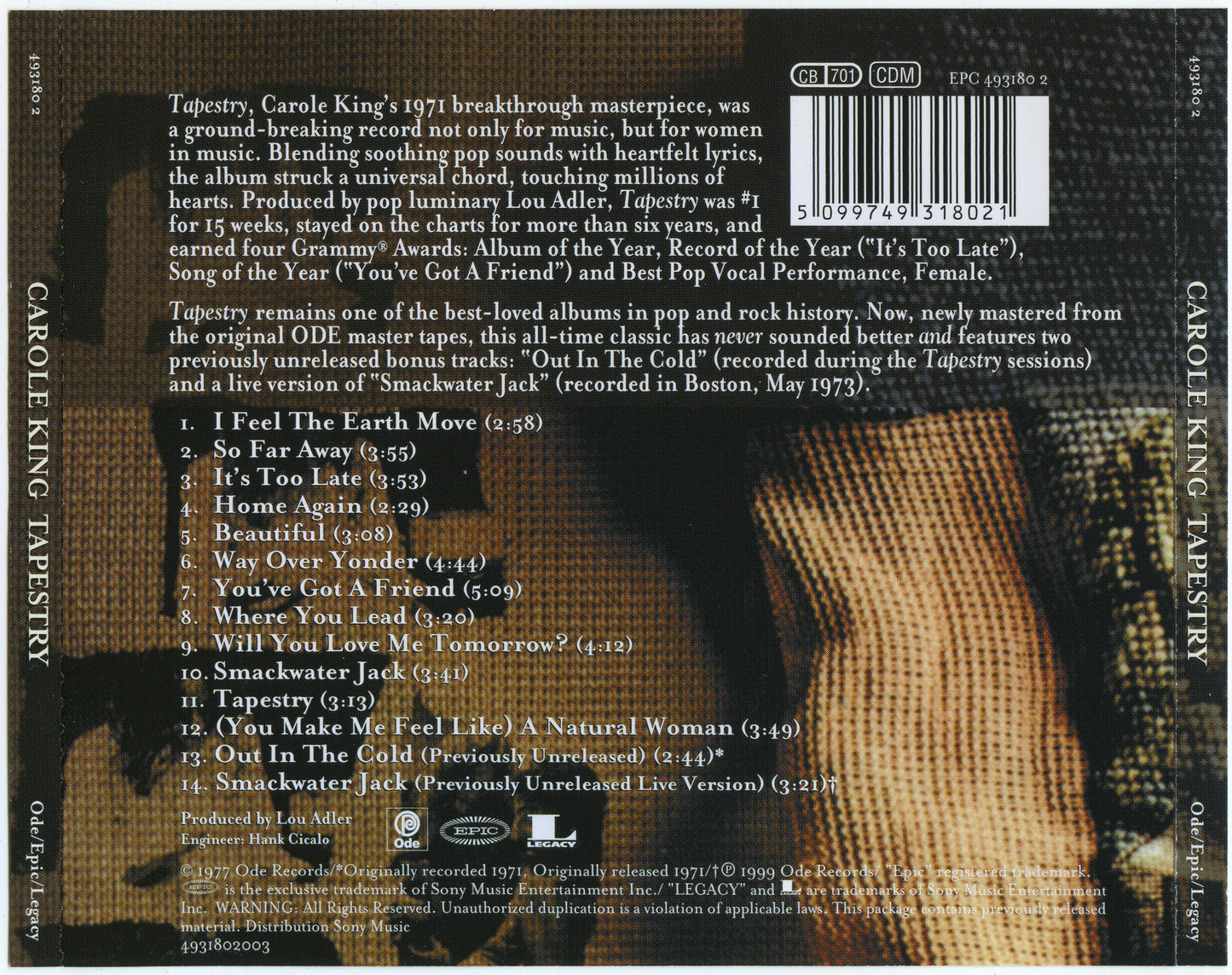 Tapestry — Carole King back cover
