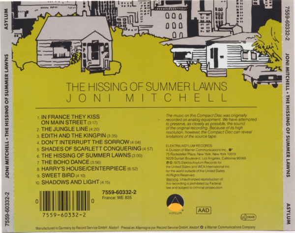 The Hissing of Summer Lawns — Joni Mitchell back cover