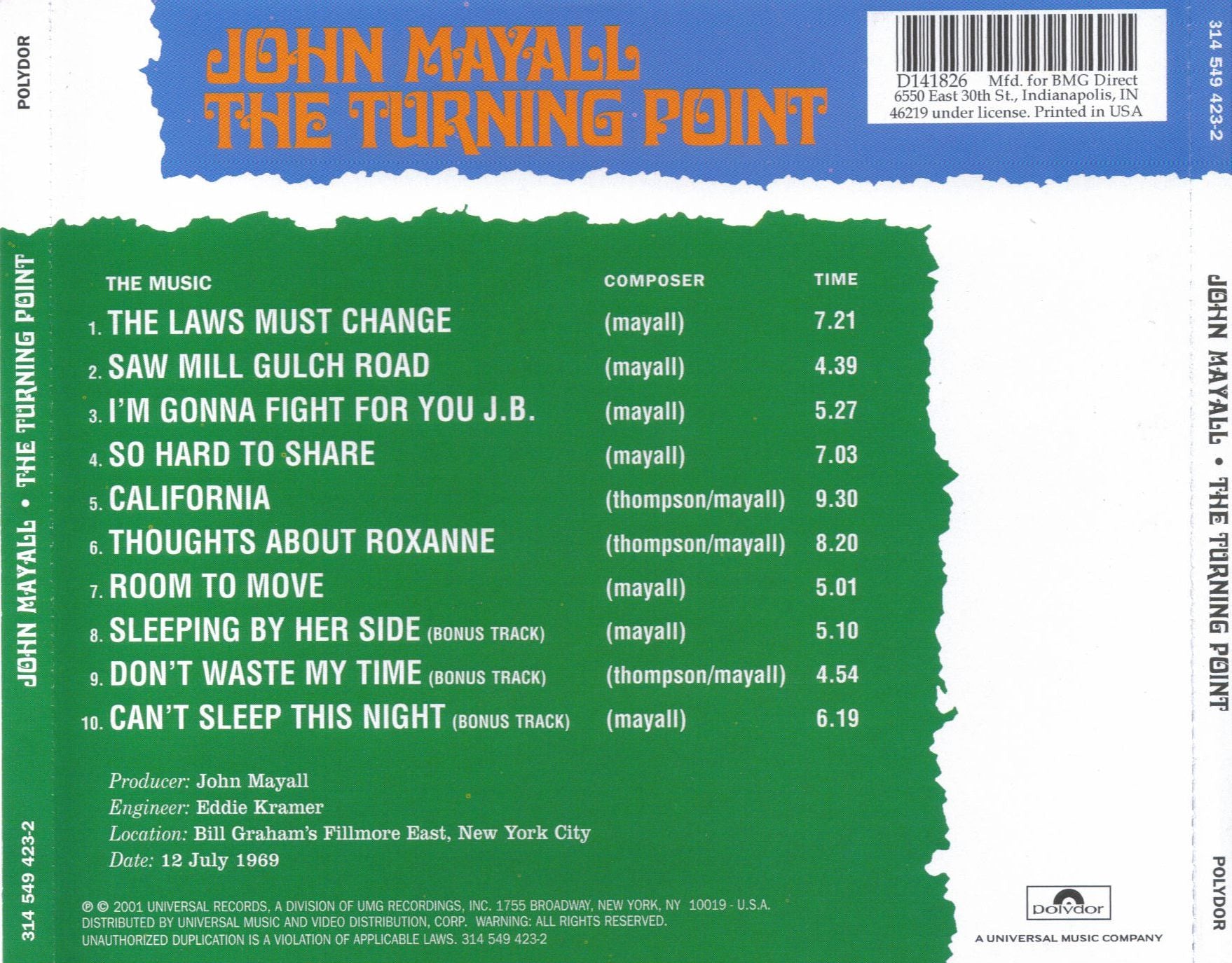 The Turning Point â€” John Mayall back cover