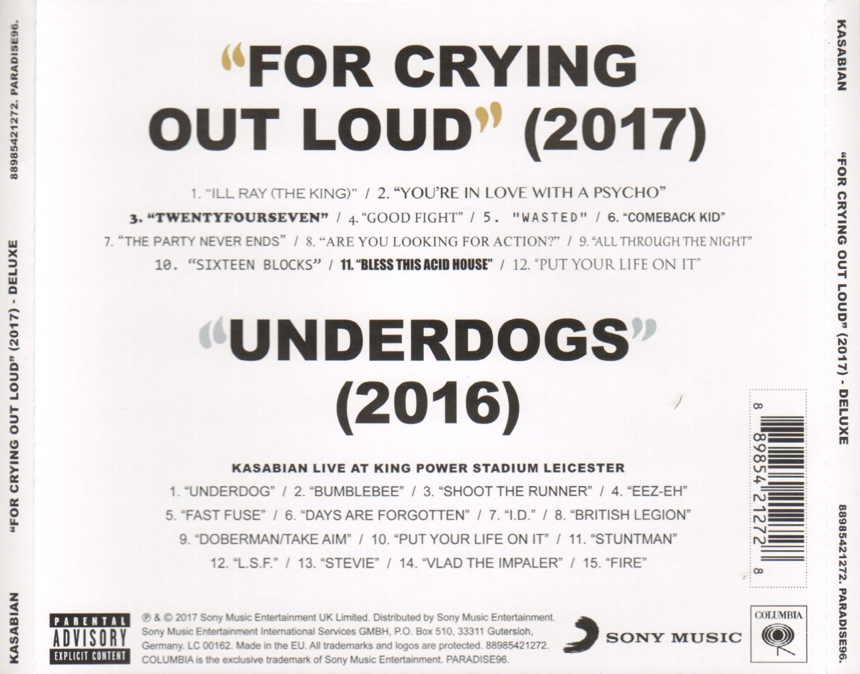For Crying Out Loud — Kasabian back cover