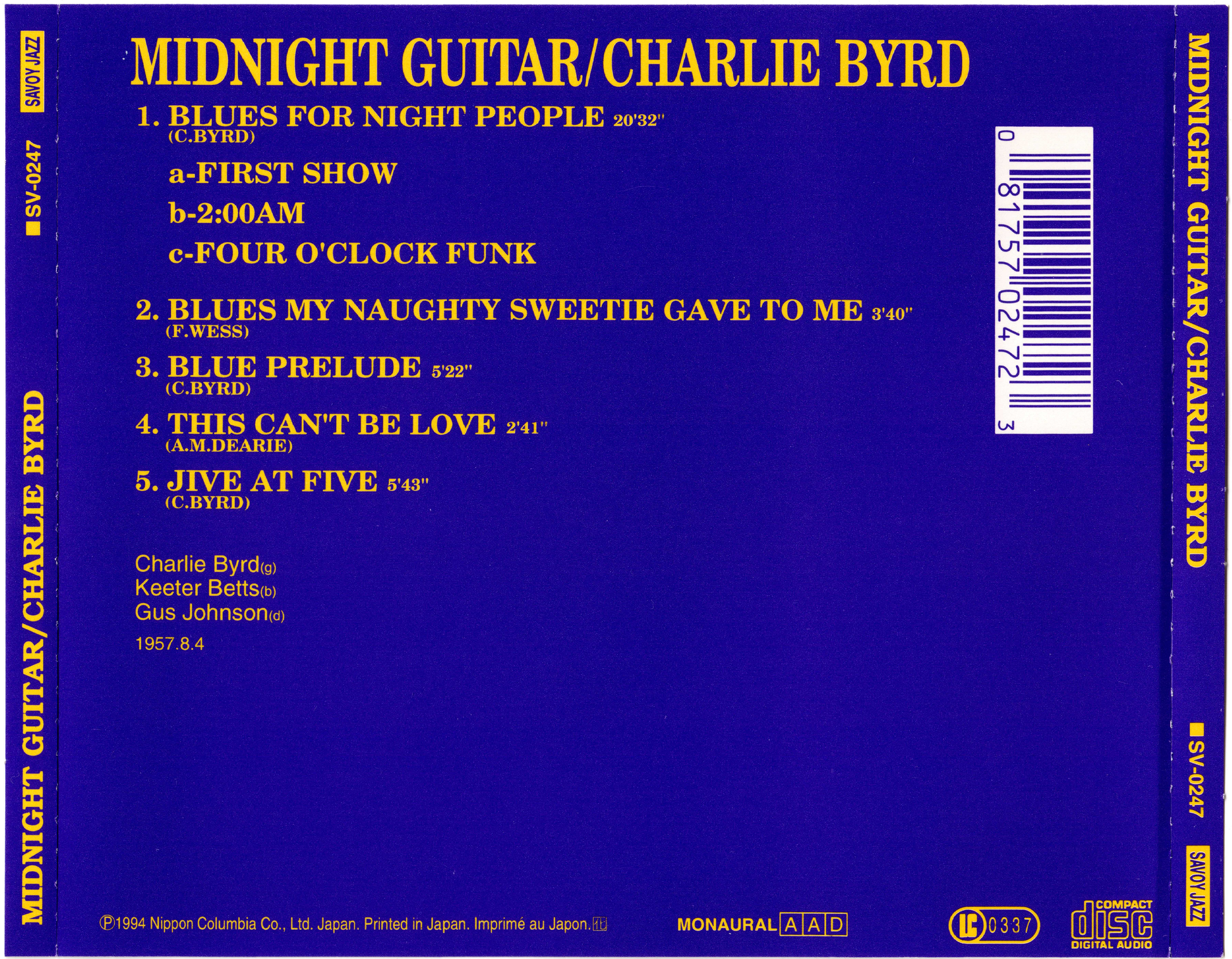 Midnight Guitar — Charlie Byrd back cover