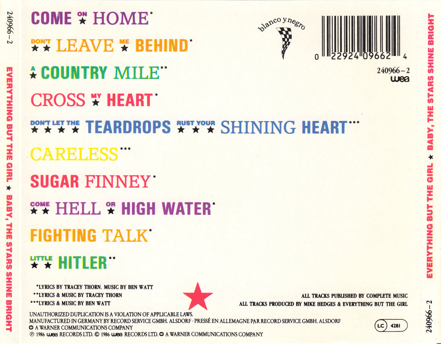 Baby, the Stars Shine Bright — Everything But the Girl back cover