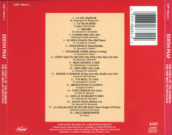 Edith Piaf - The Best Of — Édith Piaf back cover