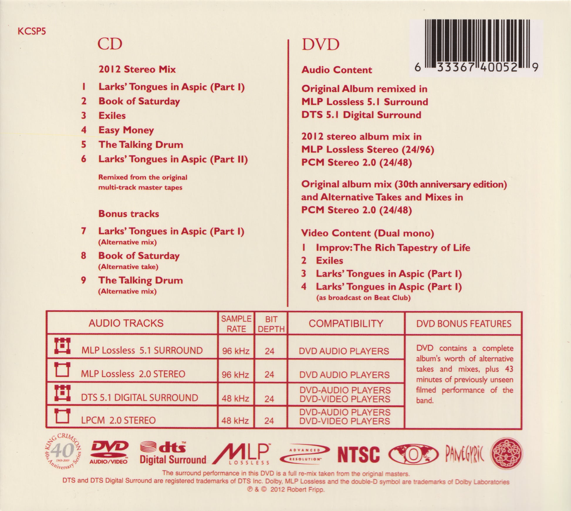 Larks' Tongues in Aspic â€” King Crimson back cover