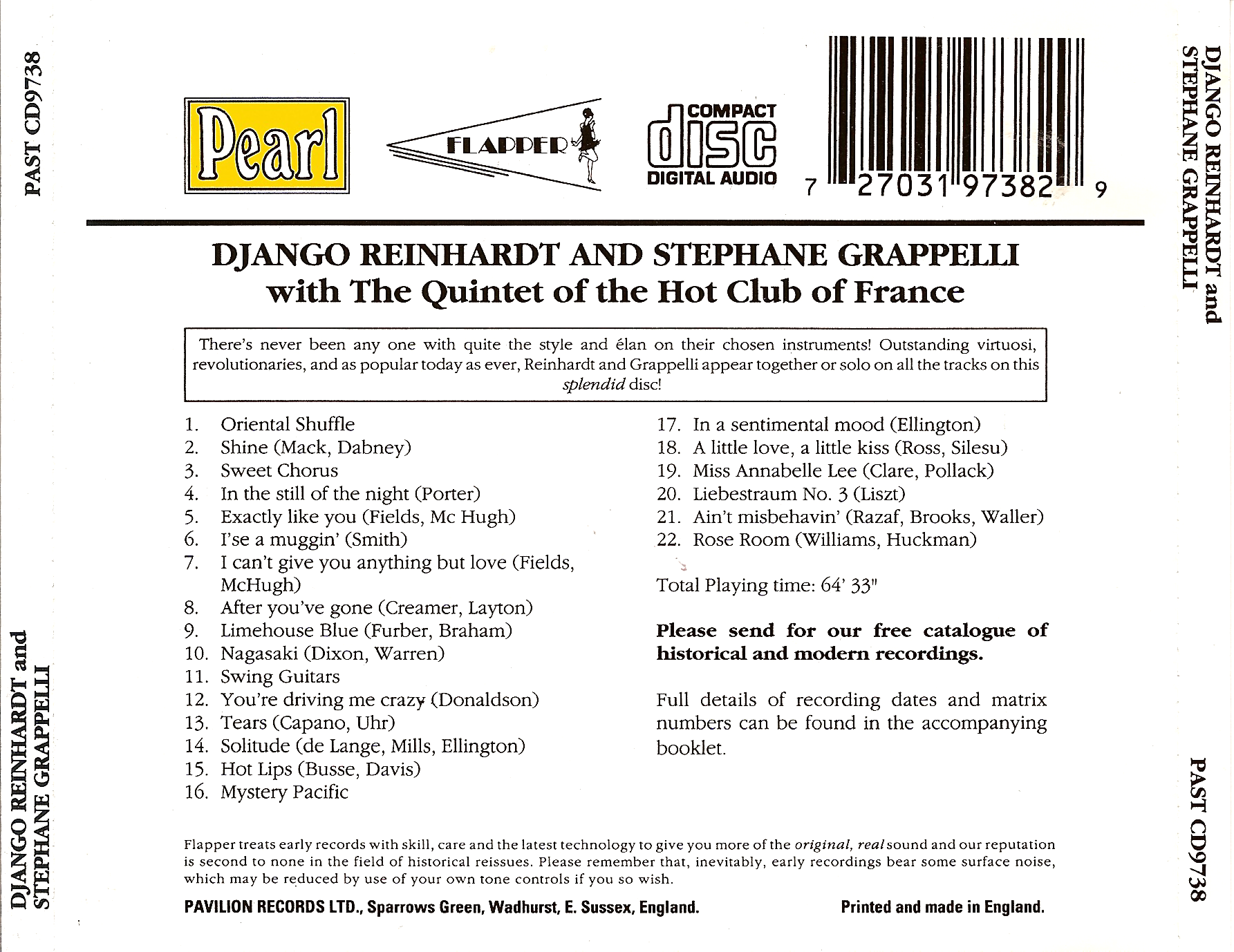 The Quintet of the Hot Club of France — Django Reinhardt and Stephane Grappelli back cover