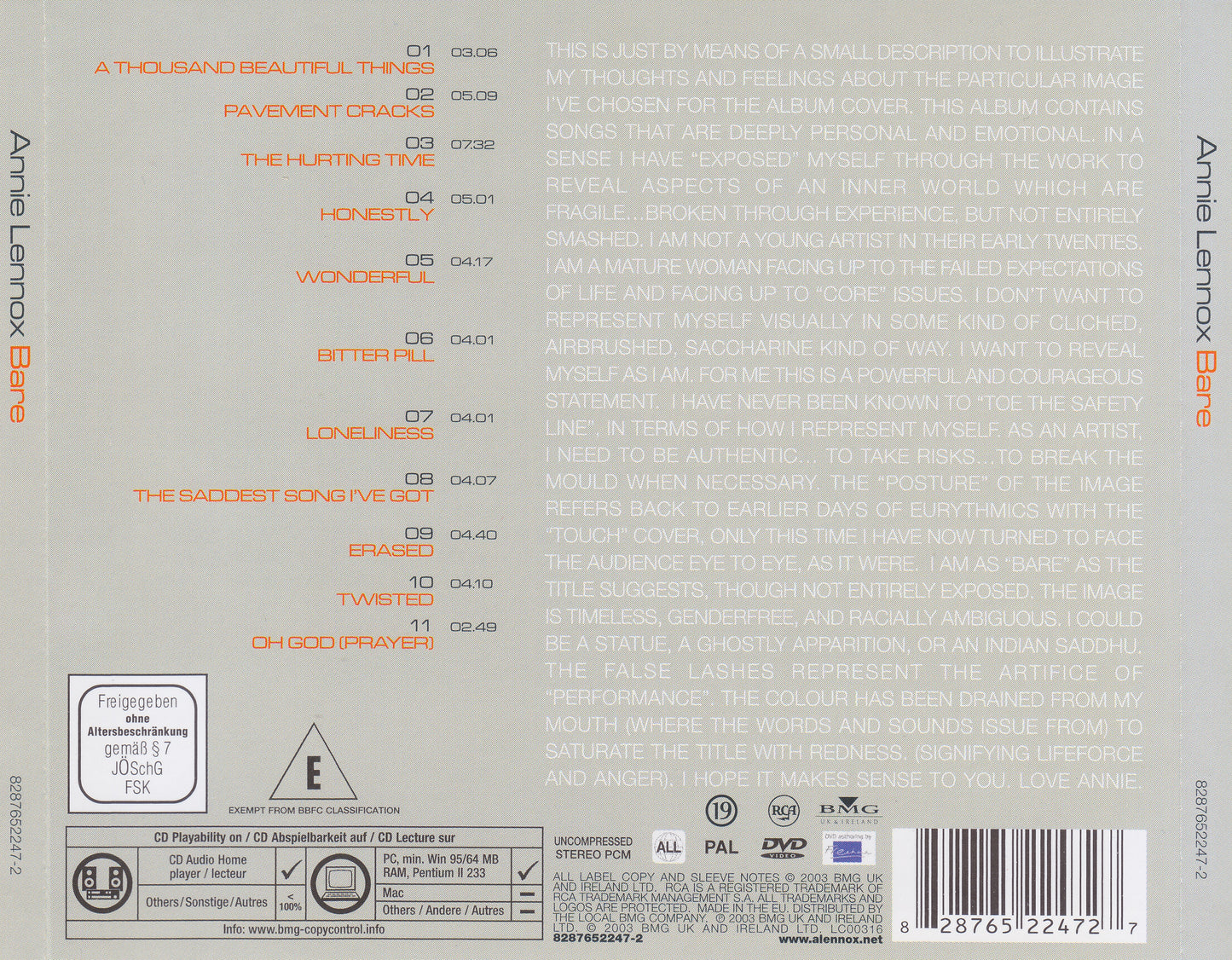 Bare — Annie Lennox back cover