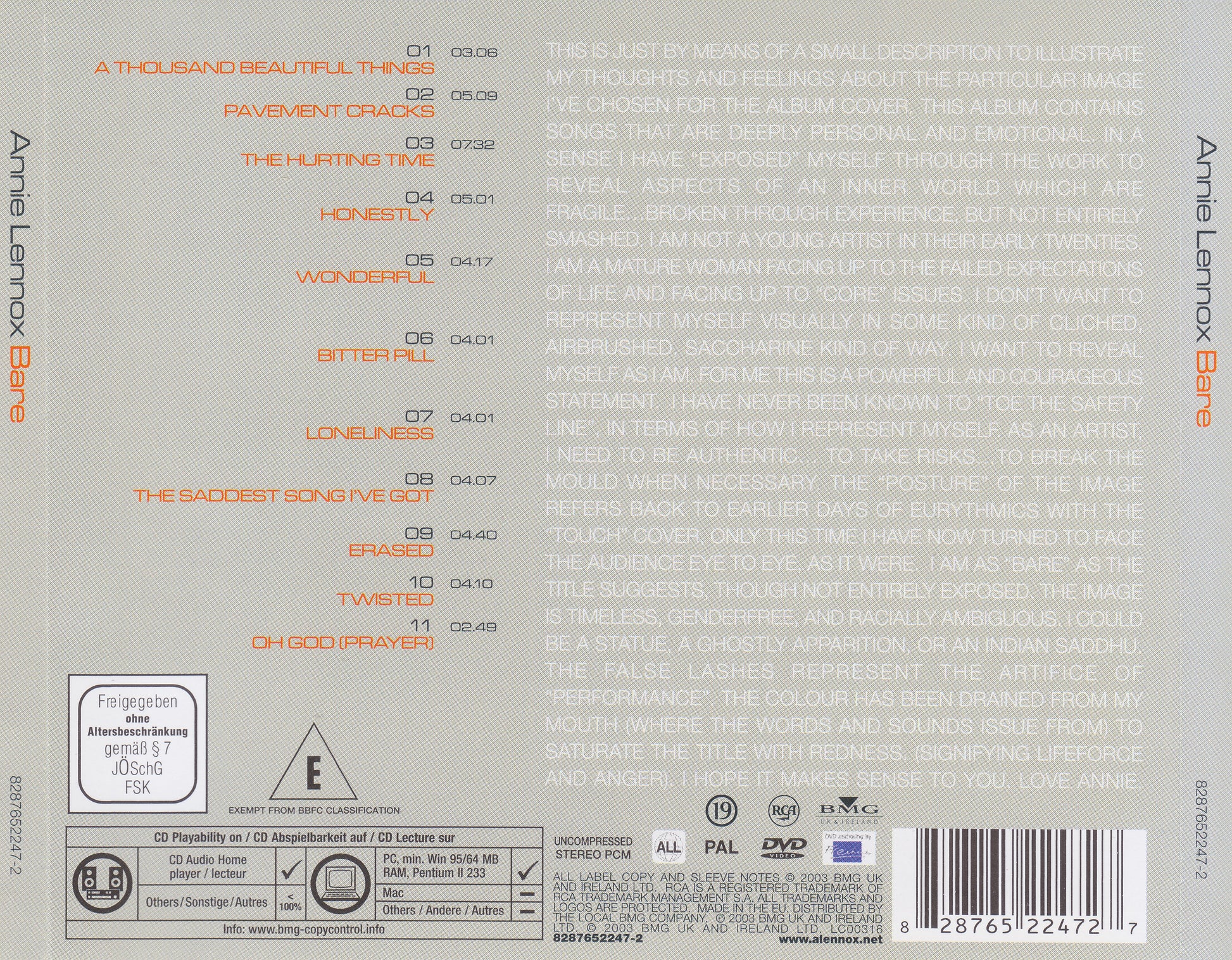 Bare — Annie Lennox back cover