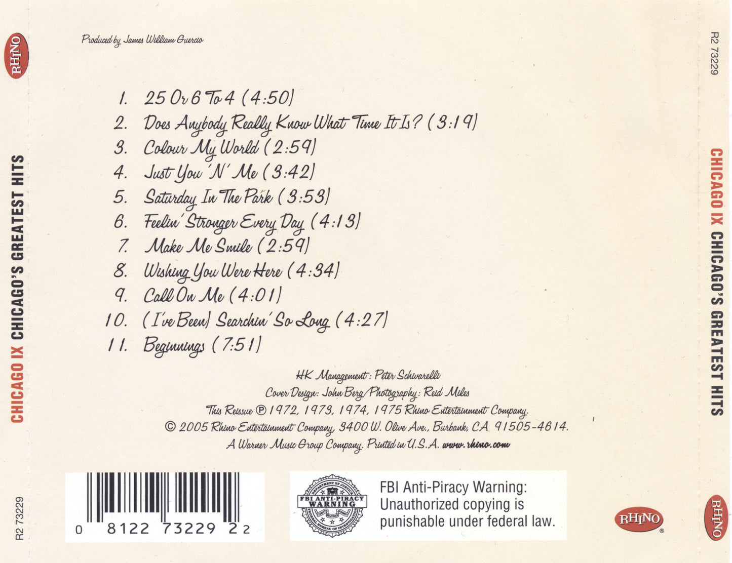 Chicago IX: Greatest Hits — Chicago back cover