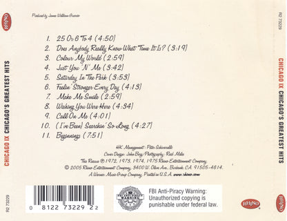 Chicago IX: Greatest Hits — Chicago back cover