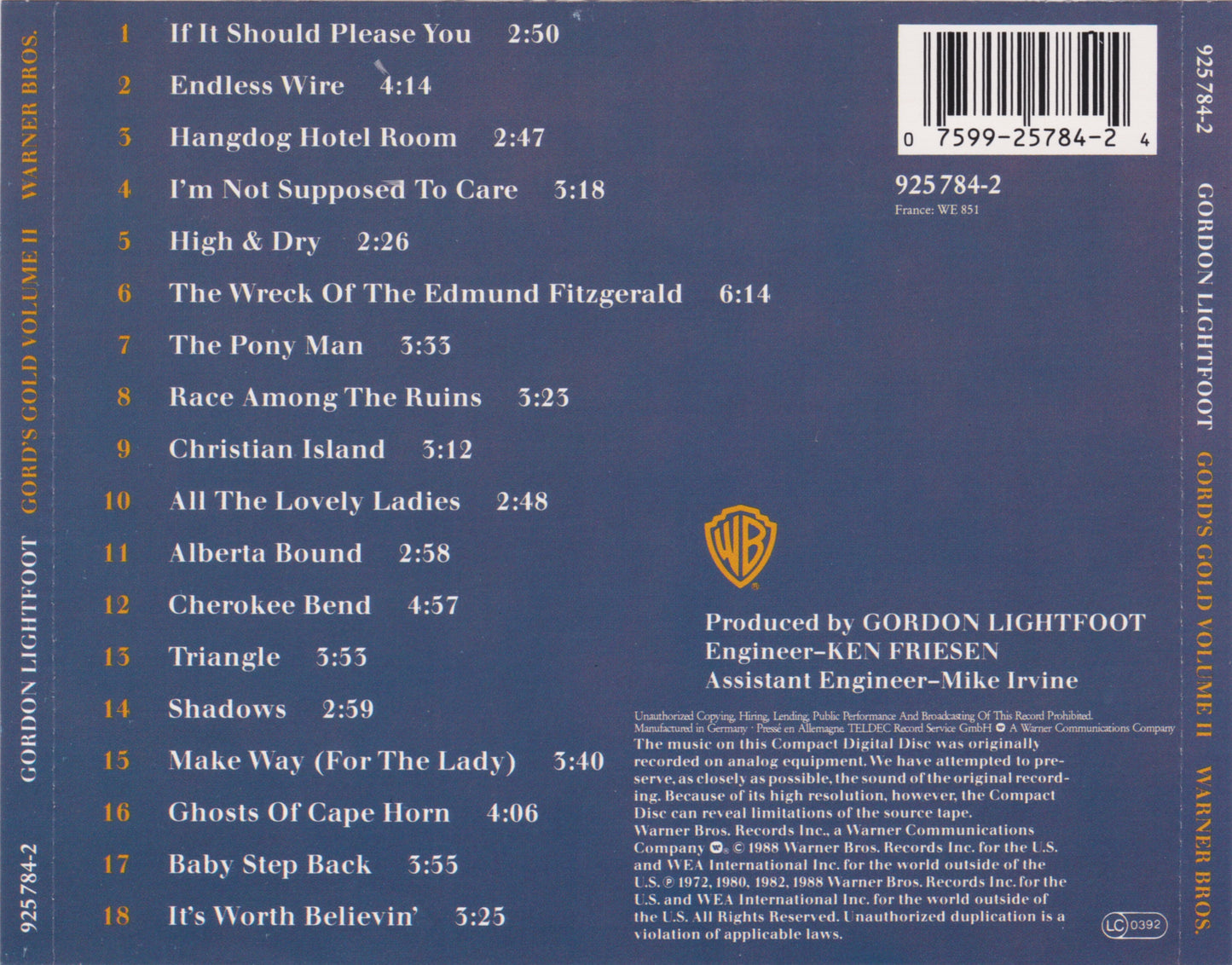 Gord's Gold, Vol. 2 — Gordon Lightfoot back cover
