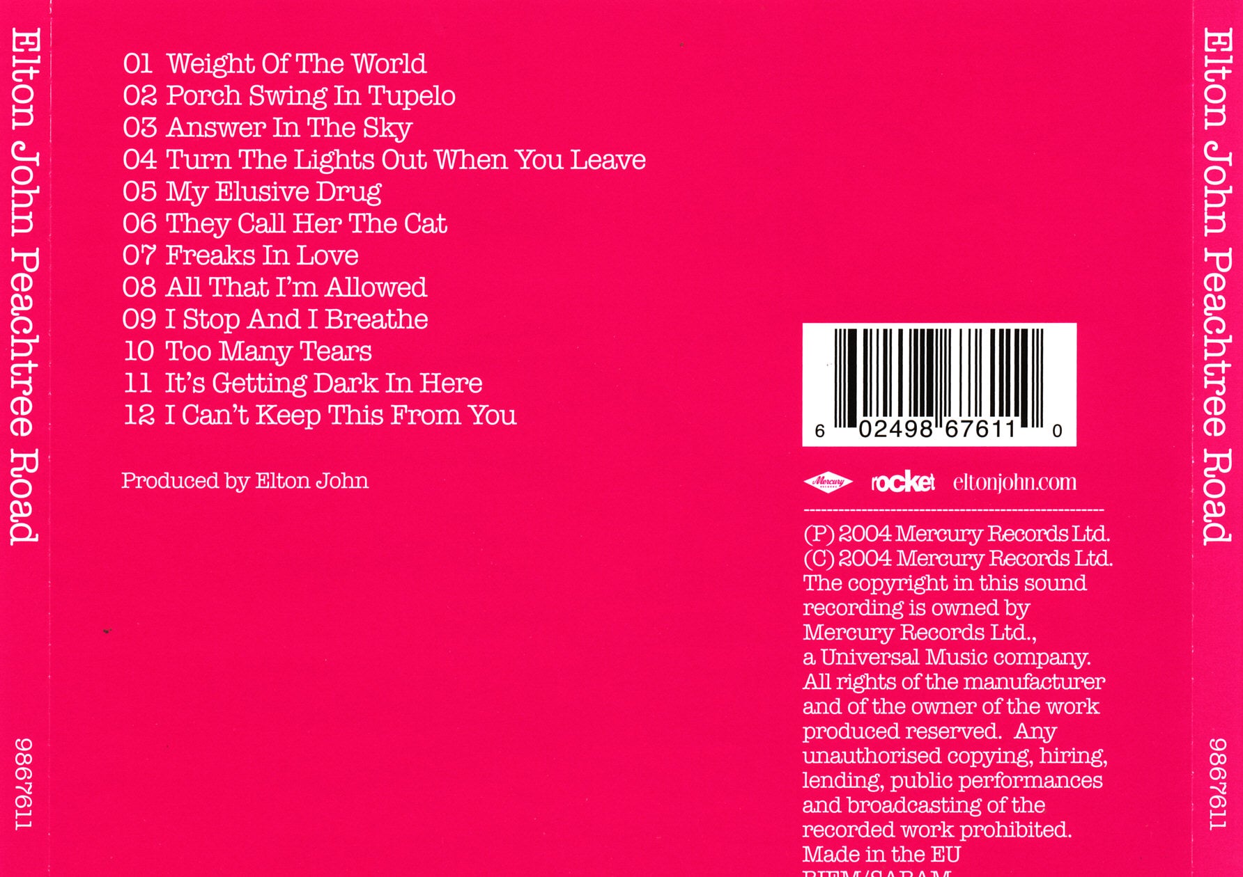 Peachtree Road — Elton John back cover