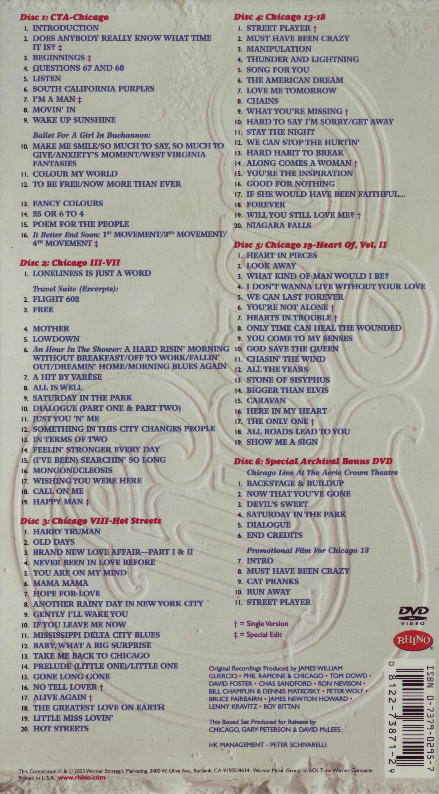 Chicago V [Bonus Tracks] — Chicago back cover
