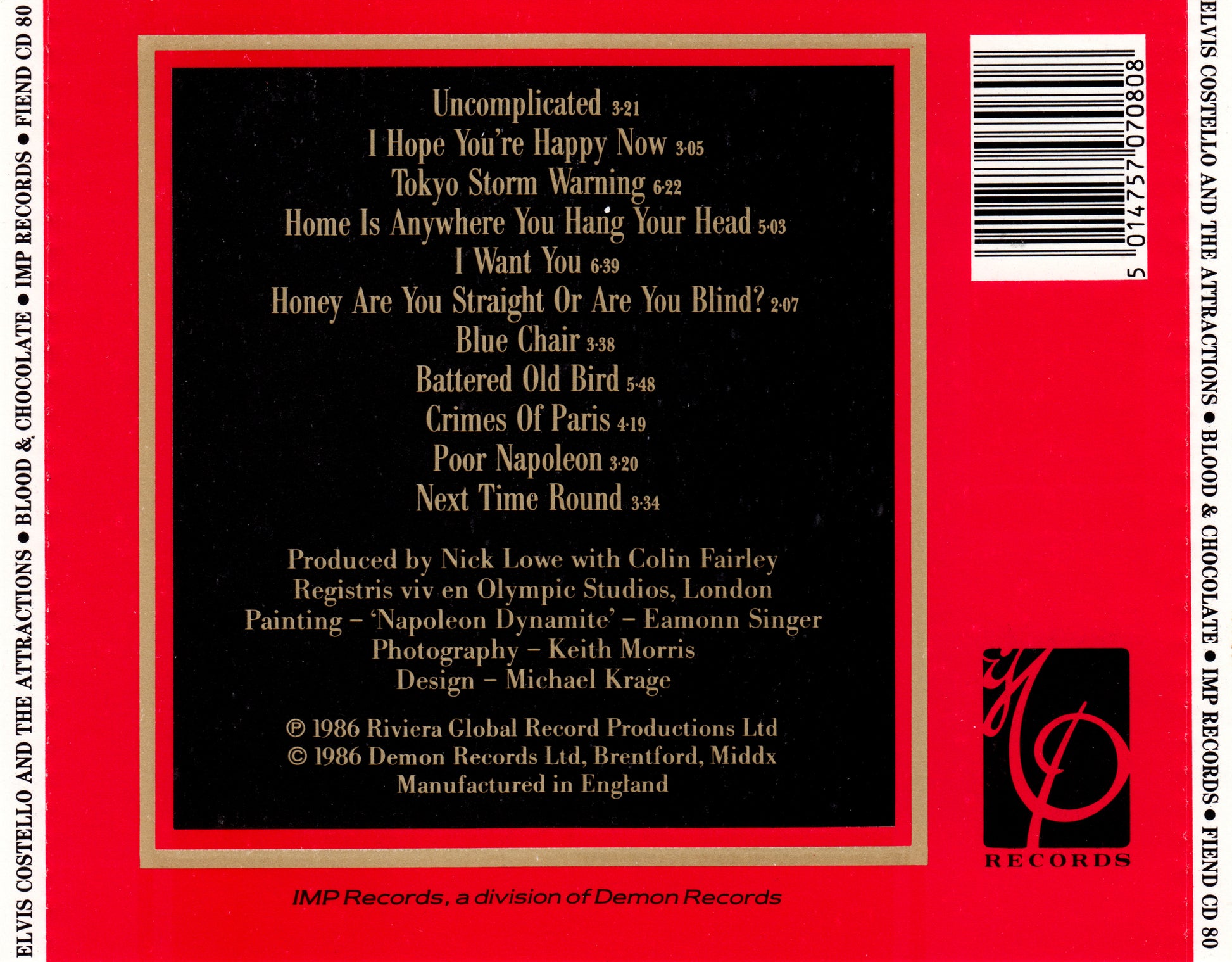 Blood & Chocolate — Elvis Costello & the Attractions back cover