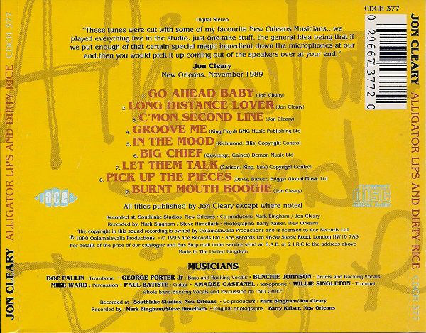 Alligator Lips & Dirty Rice — Jon Cleary back cover
