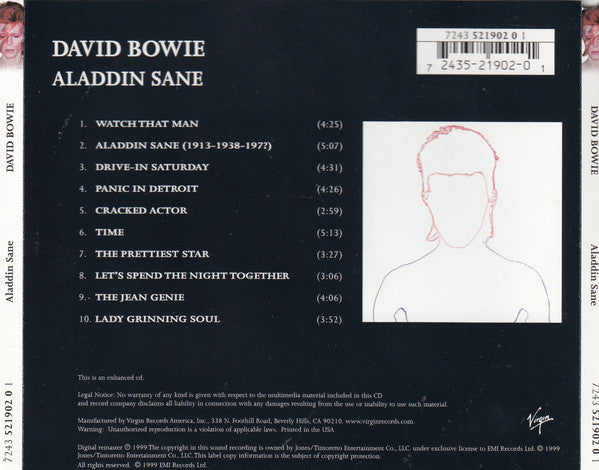 Aladdin Sane — David Bowie back cover